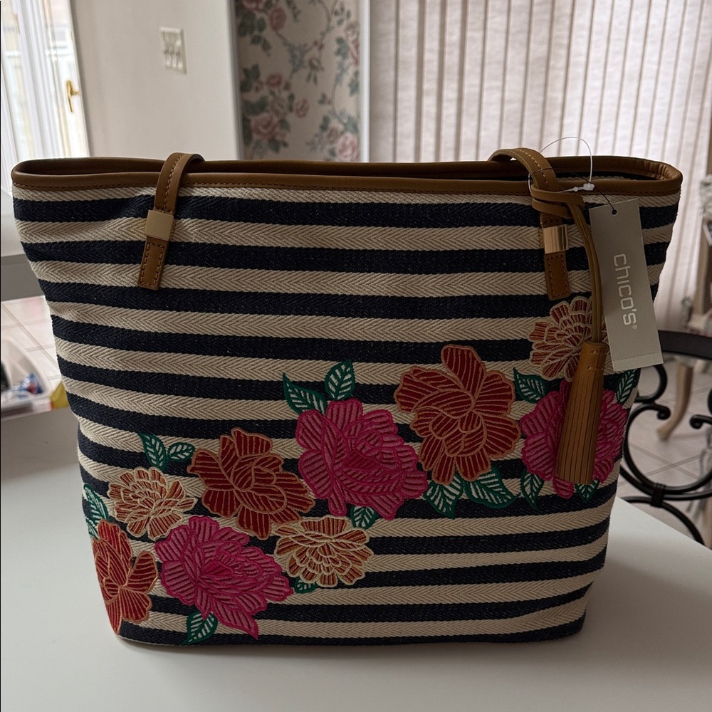 Chico's Navy and Pink Floral Tote